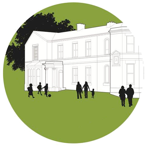 A line drawing of Abbeyfield House which is the Friends of Abbeyfield Park Logo